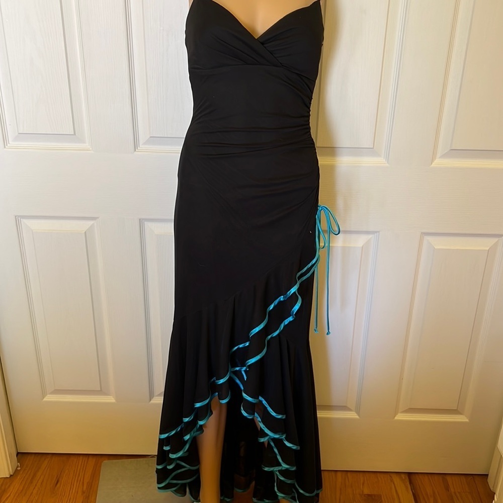 City Triangles black strapless maxi prom dress with turquoise ribbon hem sz S